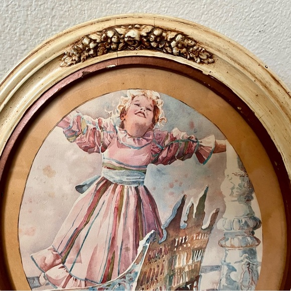 Oval Framed Artwork with Child and Cradle - Picture 2 of 10